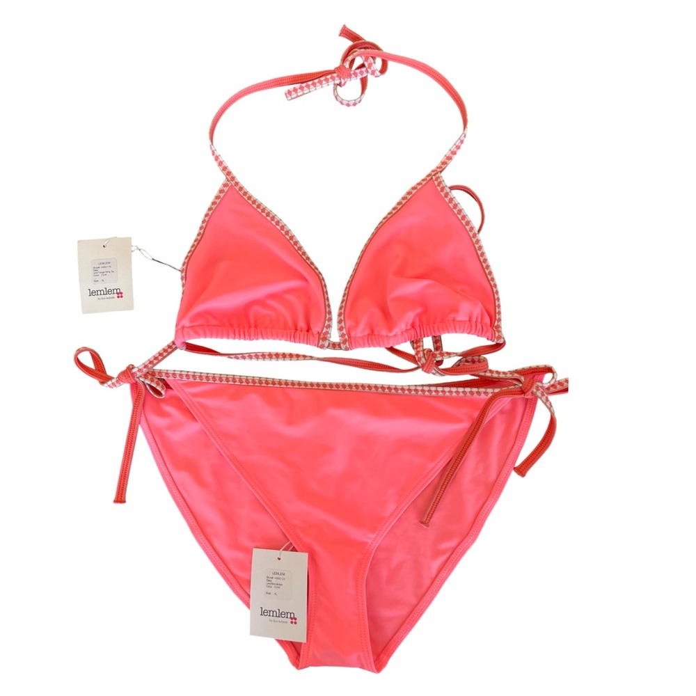 Lem Lem "Lena" Bikini in Coral NWT Triangle Top & Bottoms with side Ties Sz XL
